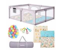 BlockPlay Grondbox Baby 150x180 cm - Baby Park - Speelbox - Kinderbox - Speelmat Baby - Baby Box - Ballenbak met 50 Speelballen - Draagtas - 4 Optrekhendels - Playpen - Kruipdeur - Stad