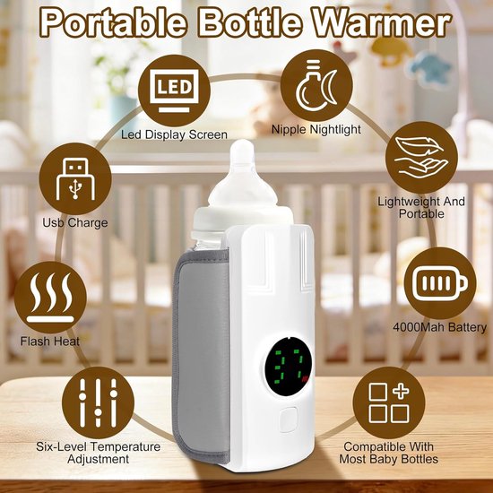 Draagbare Flessenwarmer - Draadloze USB-flesverwarmer met LCD - 6 Temperatuurniveaus 37-55°C - 4000mAh - Draadloze USB-flesverwarmer - Snelle Babyfleswarmer voor Thuis, Buiten, Reizen, Nacht — afbeelding 4
