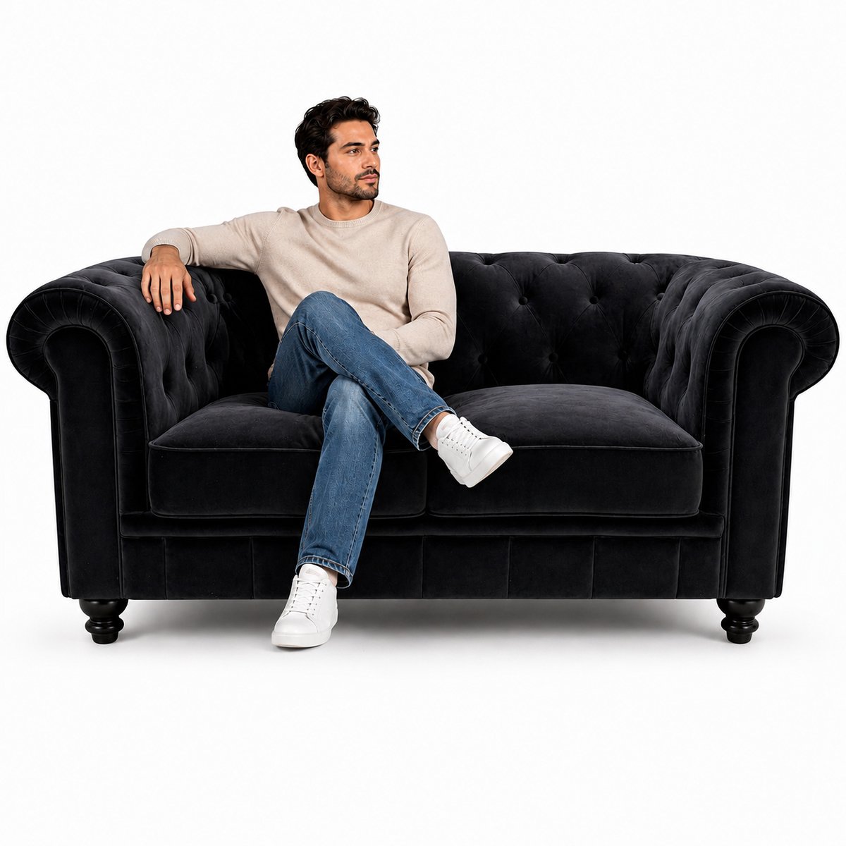 Bank Chesterfield - 2 Zits - Velvet Zwart - Sofa - Bankstel