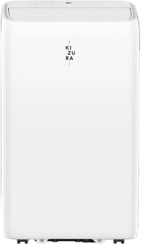 Witte Kizura mobiele airco met logo en wieltjes aan de onderkant.