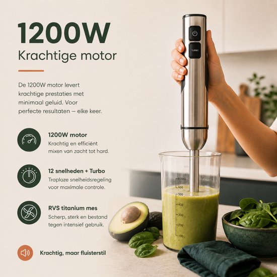 Organess Staafmixer 9-in-1 Set - 1200W - Vaatwasserbestendig - Incl. Titanium mes, Garde, Hakmolen, Maatbeker, Melkopschuimer, Aardappelstamper, Spatel, Deeghaken, Dubbele garde - 12 Snelheden + Turbofunctie - RVS van Merkloos — afbeelding 3