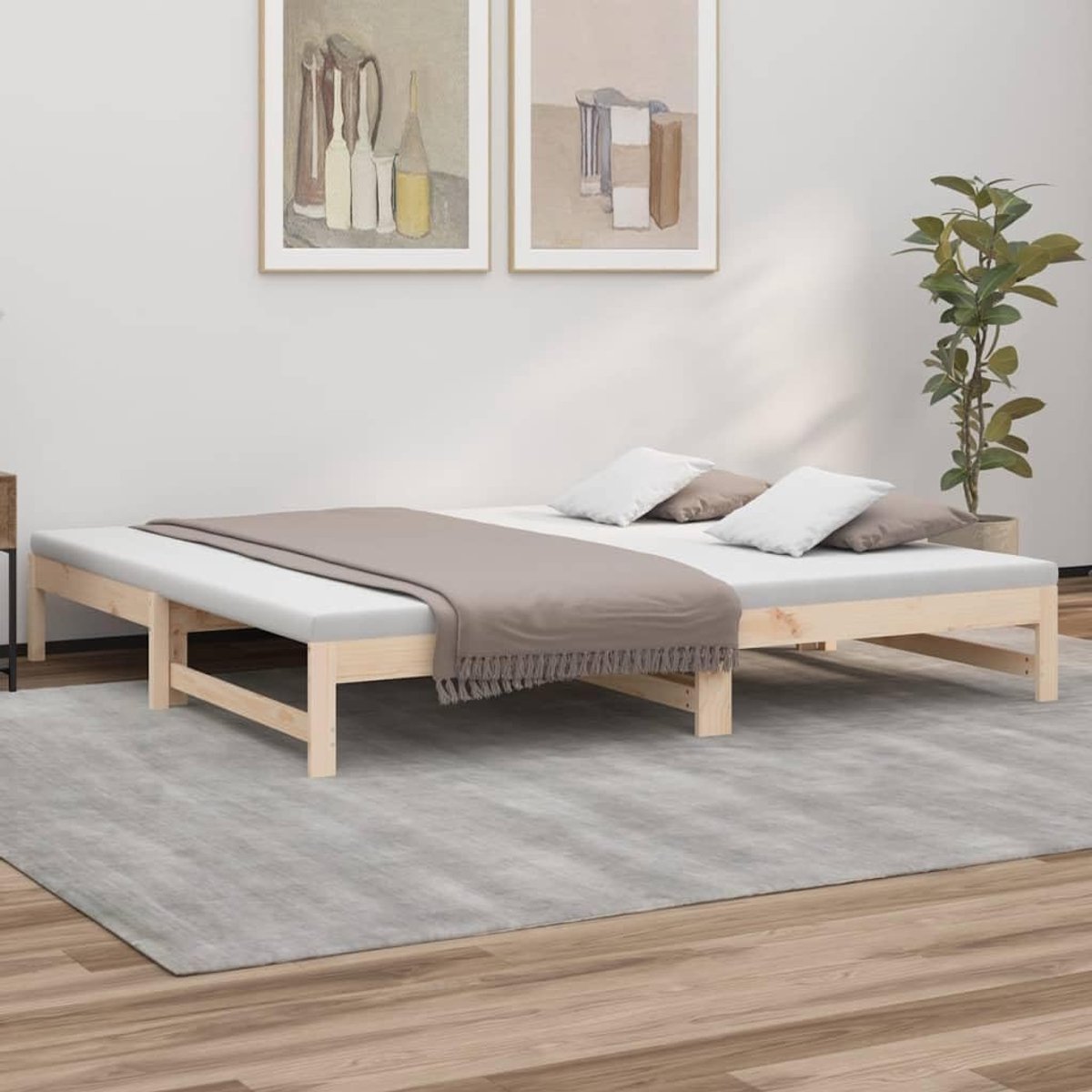 Uittrekbaar Dagbed - Logeerbed Slaapbank - Ruimte Besparen - Massief Grenenhout - 2 x 80x200 cm - Naturel