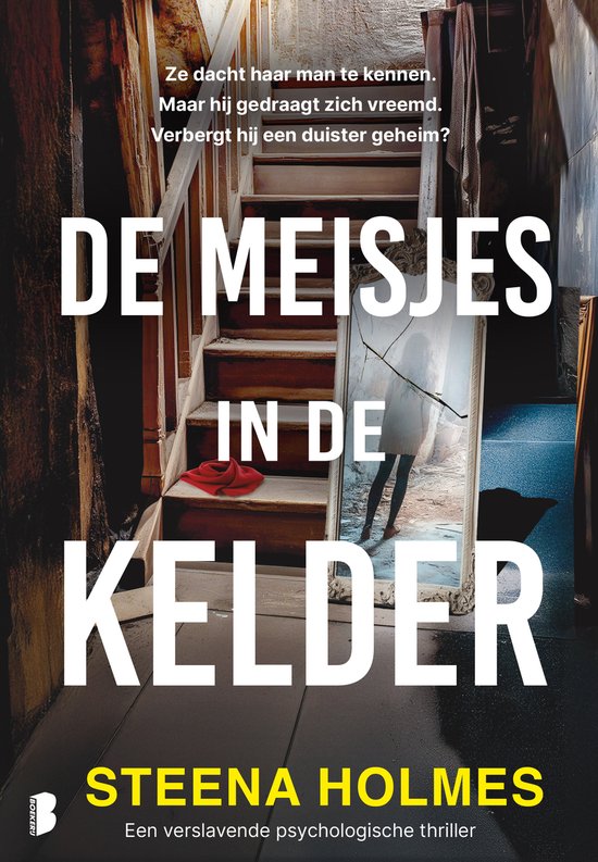 Boekcover: De meisjes in de kelder, met trap en spiegel waarin een vrouw te zien is.