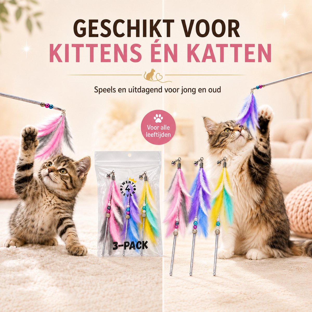 Twenty4seven® Kattenhengel 3 Stuks met Veer - Kattenspeelgoed Interactief - Kattenspeeltjes met Veertjes - Speelgoed voor Katten & Kittens thumbnail 6
