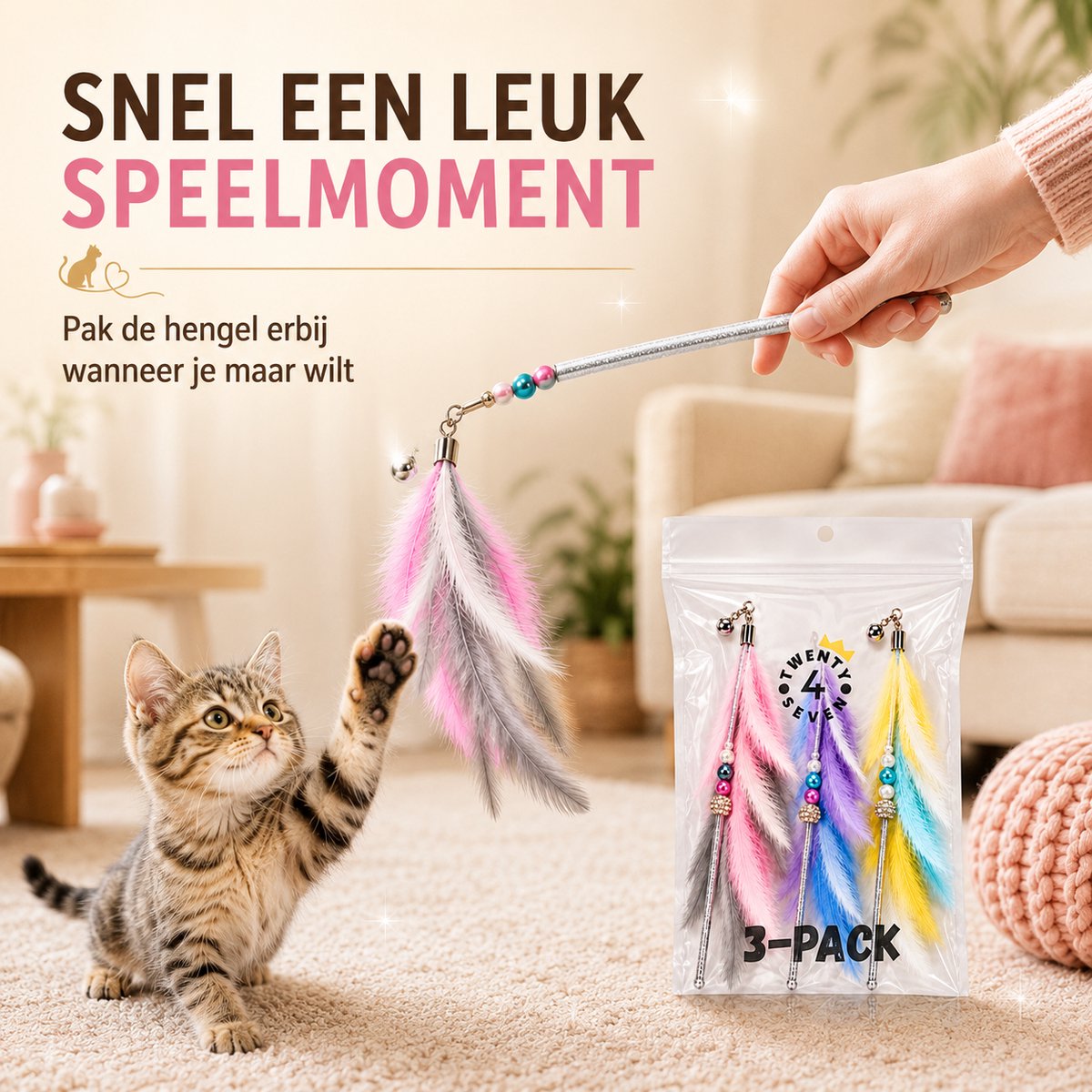 Twenty4seven® Kattenhengel 3 Stuks met Veer - Kattenspeelgoed Interactief - Kattenspeeltjes met Veertjes - Speelgoed voor Katten & Kittens thumbnail 4