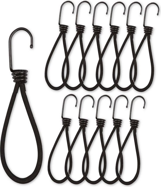 Tien zwarte spankabels met lus en haak, met één losse kabel op de voorgrond.