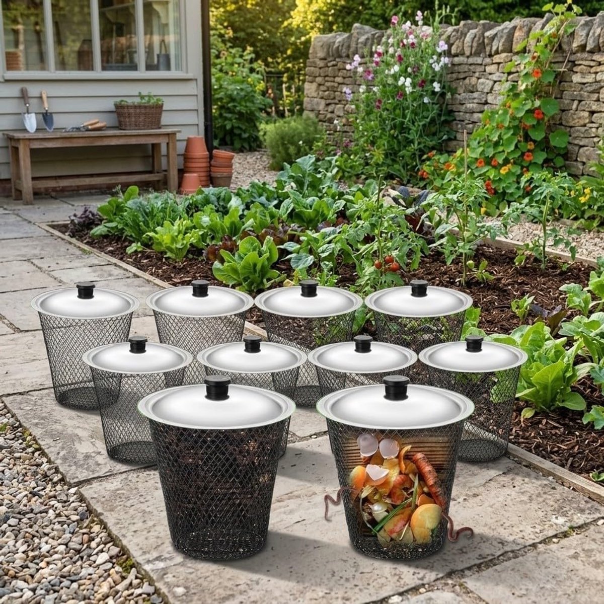 Wormcomposteerbak Ingraaf - Wormenbak Voedselafval - Tuinafval Recyclen - Verbeterde Beluchting - 27 x 24 x 24 cm - Metaal