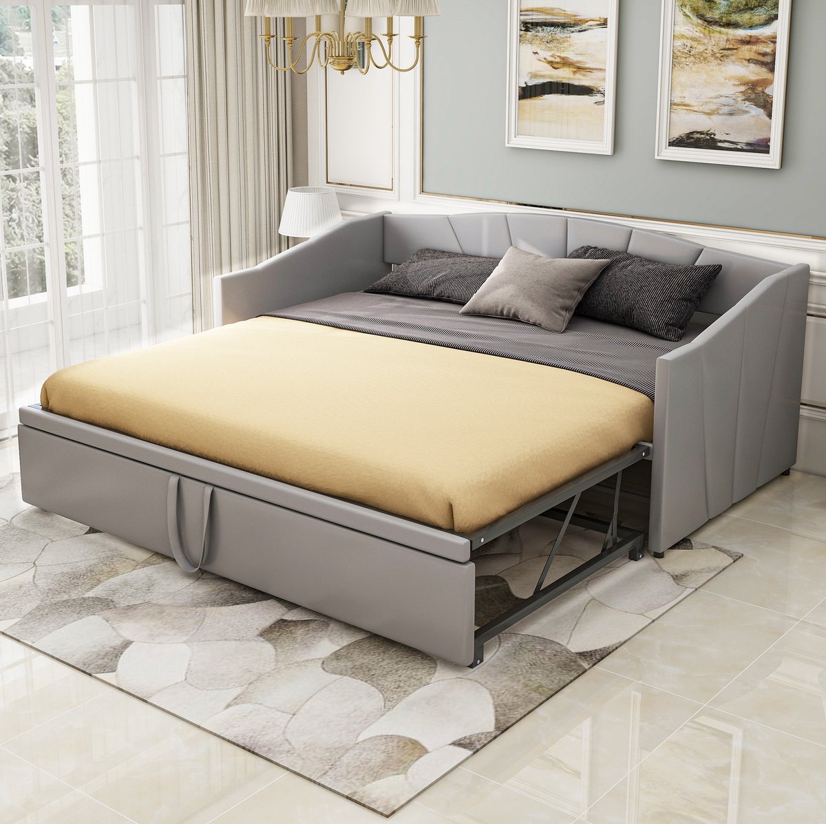 COVREO Bedbank 90/180x200 cm grijs stof met lattenbodem zonder matras