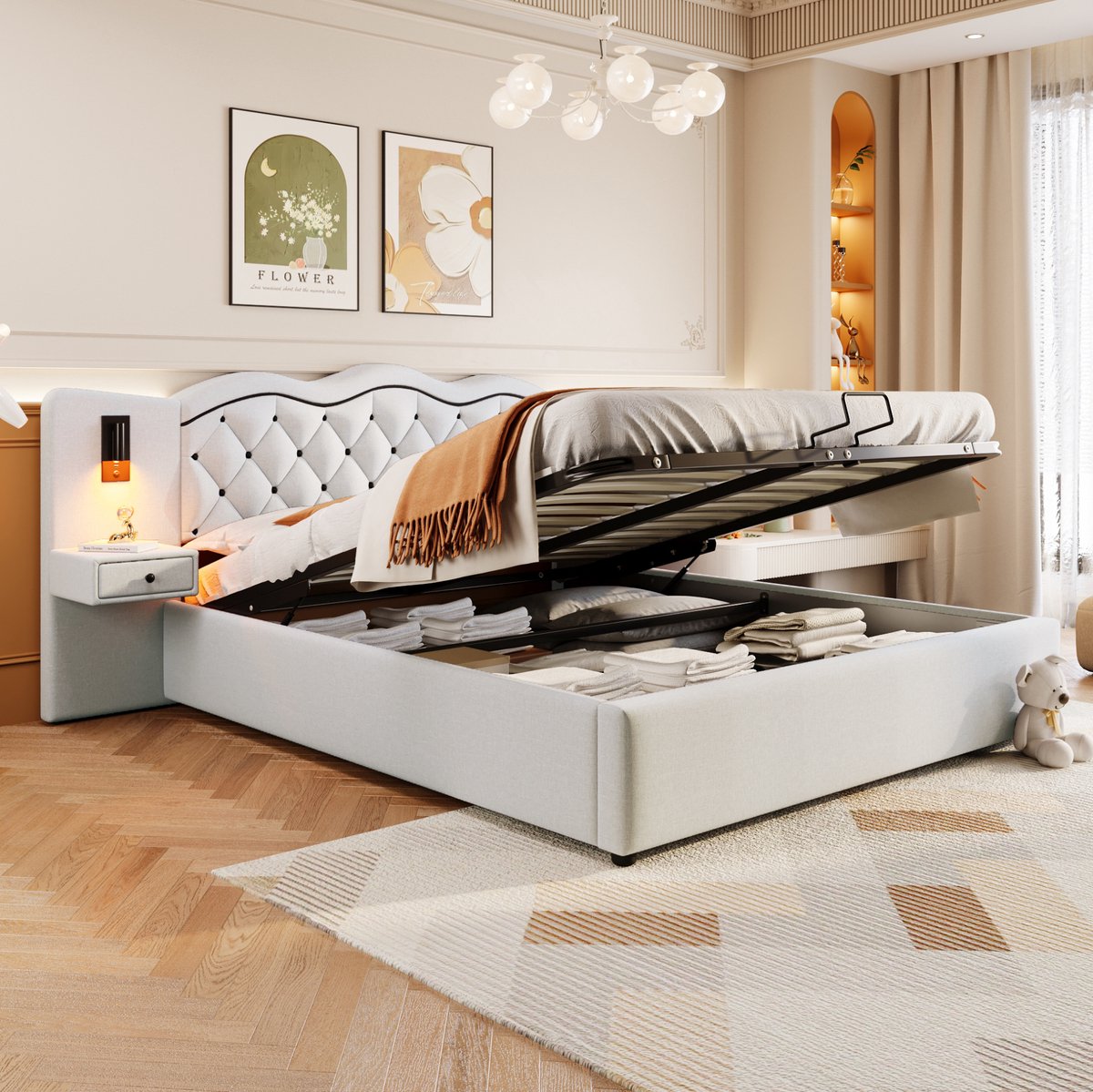 180*200 cm vlak bed, gestoffeerd bed, geïntegreerd hoofdeinde, hydraulisch hefmechanisme, USB-poort, twee nachtlampjes, grote opbergruimte, beige.