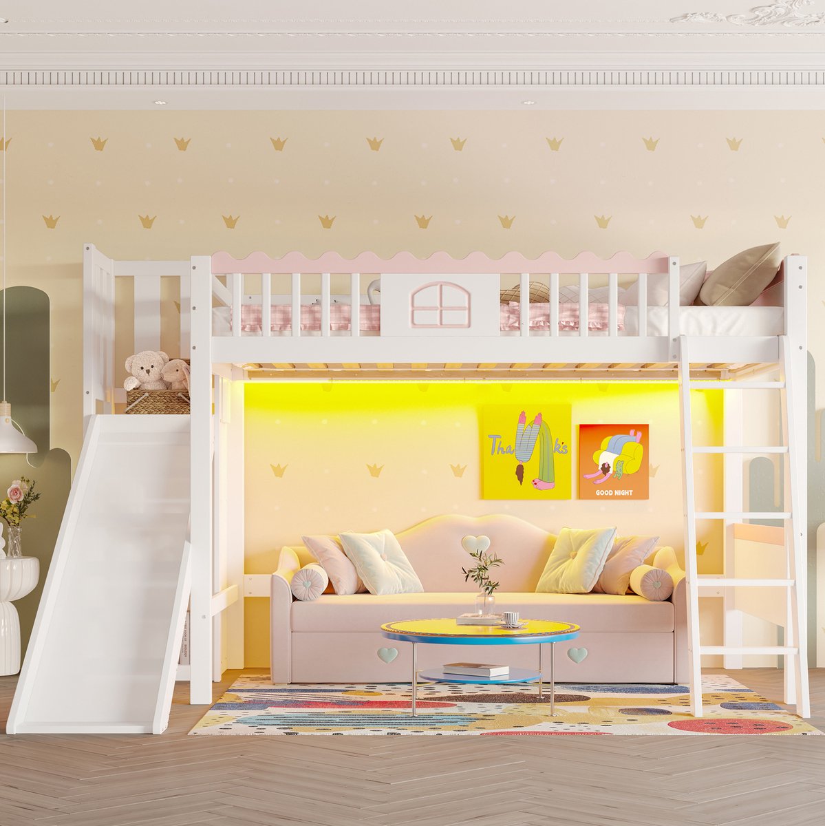 Stapelbed, eenpersoonsbed (matras niet inbegrepen), kinderbed, met ledverlichting, opbergplank, glijbaan, EN747 gecertificeerd, grenenhout, 90x200 cm, wit.