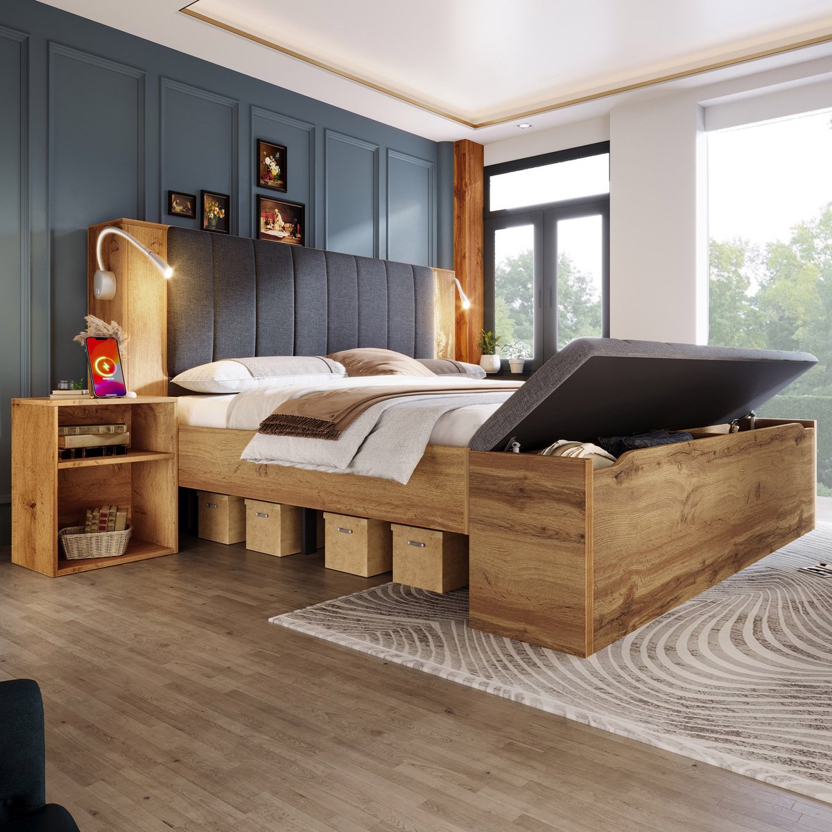 COVREO Tweepersoonsbed, 160 x 200 cm, houten bedframe, met inklapbaar hoofdeinde (bekleed met linnen), opbergruimte, twee nachtkastjes, voetenbankje met opbergruimte, leeslampje met USB-aansluiting, lattenbodem, eikenkleur, matras inbegrepen. Oak