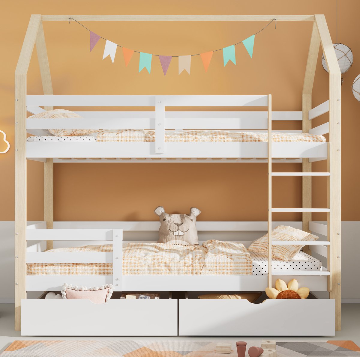 COVREO Stapelbed 90x200 cm wit houtkleur, met bedlade, zonder matras