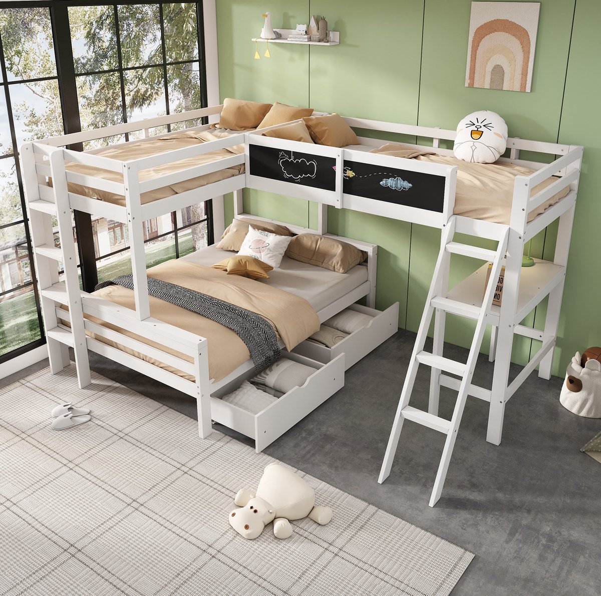 COVREO Kinderhoogslaper, geschikt voor maximaal drie kinderen, met opberglades, gemaakt van grenenhout, tweepersoons stapelbed, inclusief bureau en boekenplank, afmetingen respectievelijk 140*200 cm en 90*200 cm, wit. White+Oak