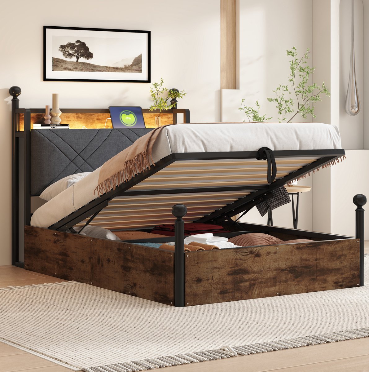 COVREO Hemelbed 90x190 cm zwart, met opbergruimte en led, zonder matras