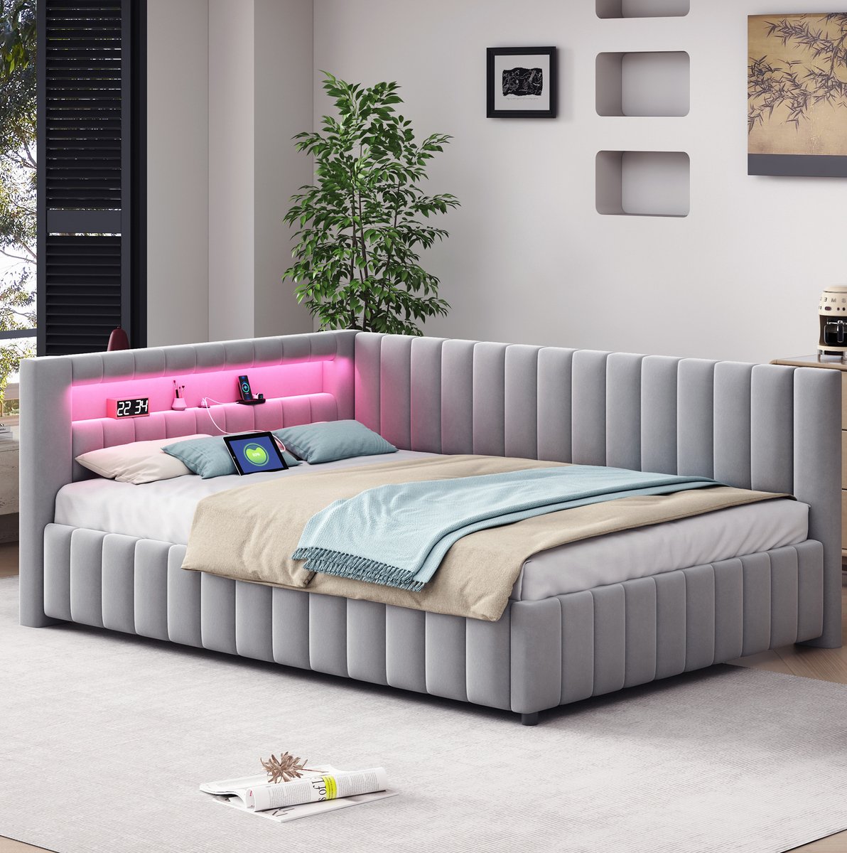 COVREO Bed 140x200 cm grijs met LED, USB en hoofdbord zonder matras