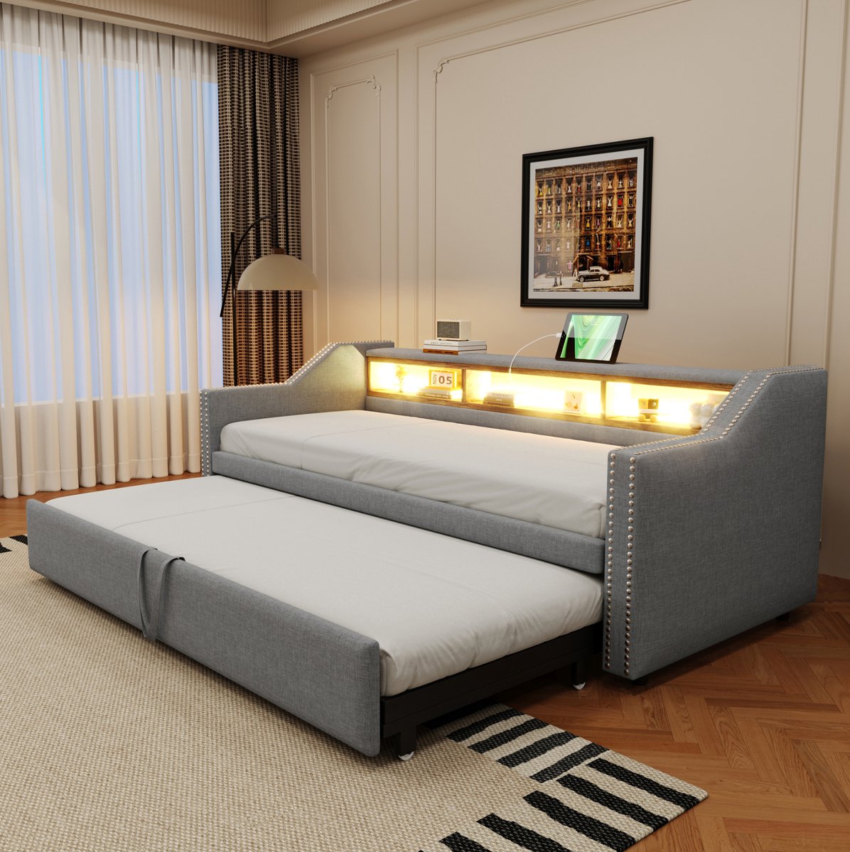 Gestoffeerd bed, uitschuifbare slaapbank, afmetingen 90/180 x 190 cm, met multifunctionele opbergvakken, ledverlichting en USB-poorten. Het bed heeft een lattenbodem en is lichtgrijs van kleur.