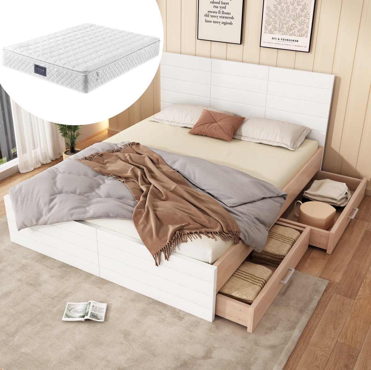 COVREO Tweepersoonsbed met 2 schuiflades – 207x145x80 cm – Staurabed van hout en MDF – voor volwassenen en slaapkamer – Wit/Eiken - zonder matras