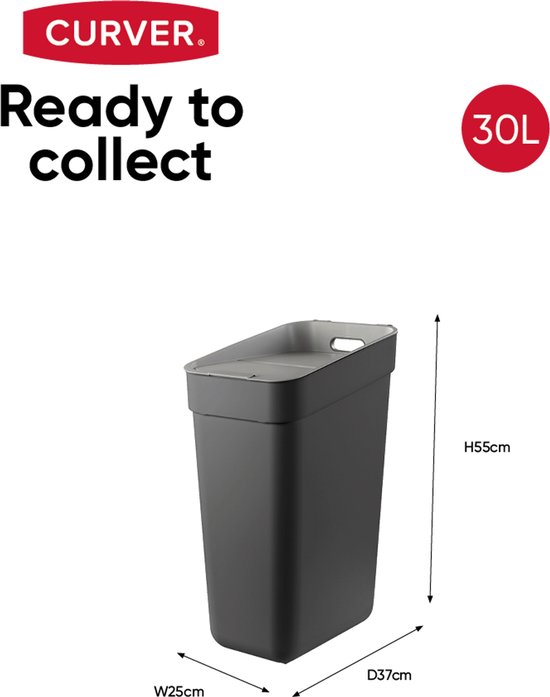 Poubelle Curver 30L, gris foncé avec un couvercle blanc incliné et une poignée latérale.
