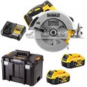Gele en zwarte DeWalt cirkelzaag, lader, twee 5.0Ah accu's en zwarte opbergkoffer.