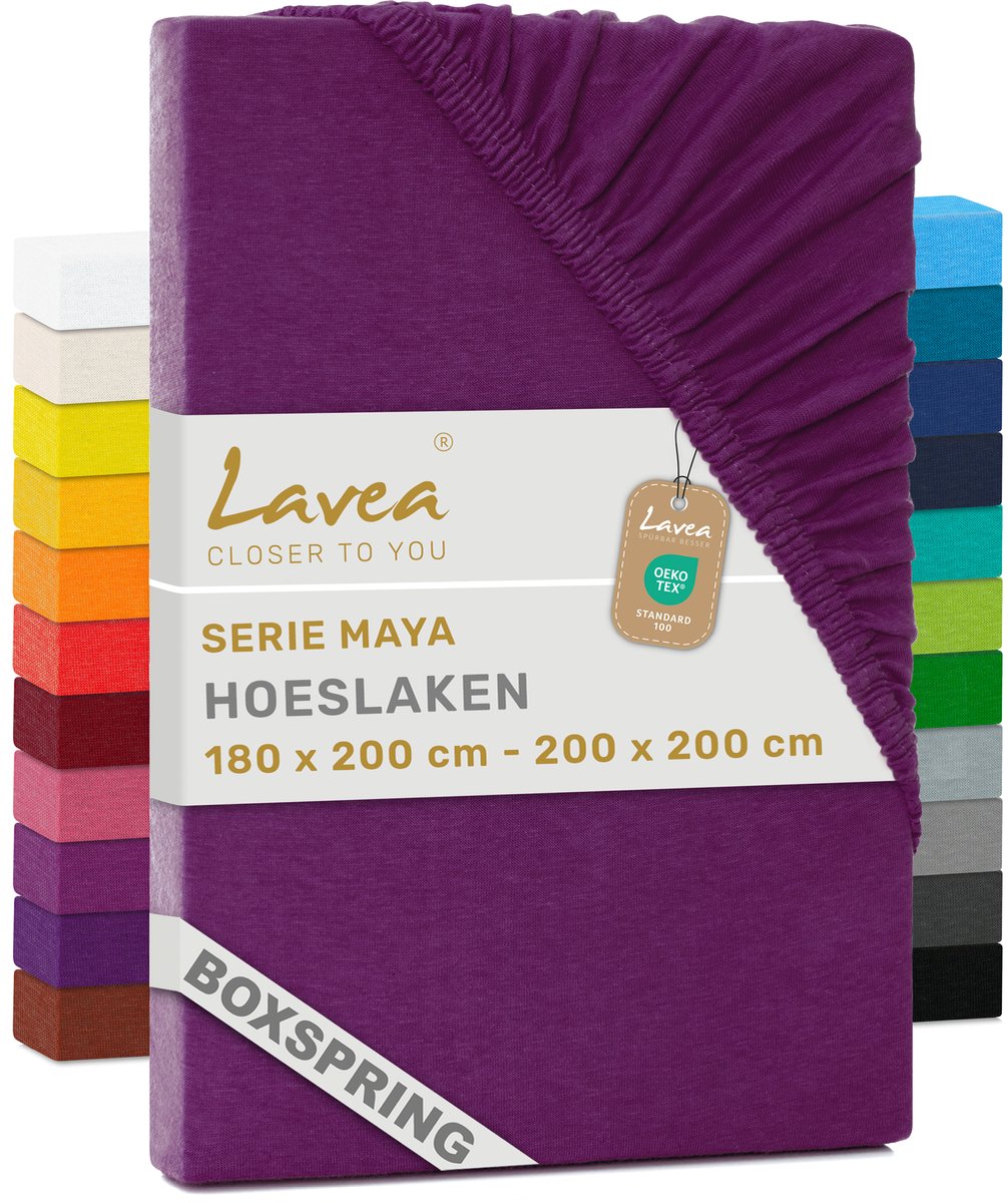 Lavea® Hoeslaken 180x200cm 100% Katoen – Hoge Hoek 35 cm voor Dikke Matrassen – met Elastiek Rondom in Jersey – voor Boxspring – Lila
