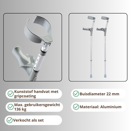 Grijze elleboogkrukken met kunststof handvat met gripcoating. Max. gebruikersgewicht 136 kg. Set van 2.
