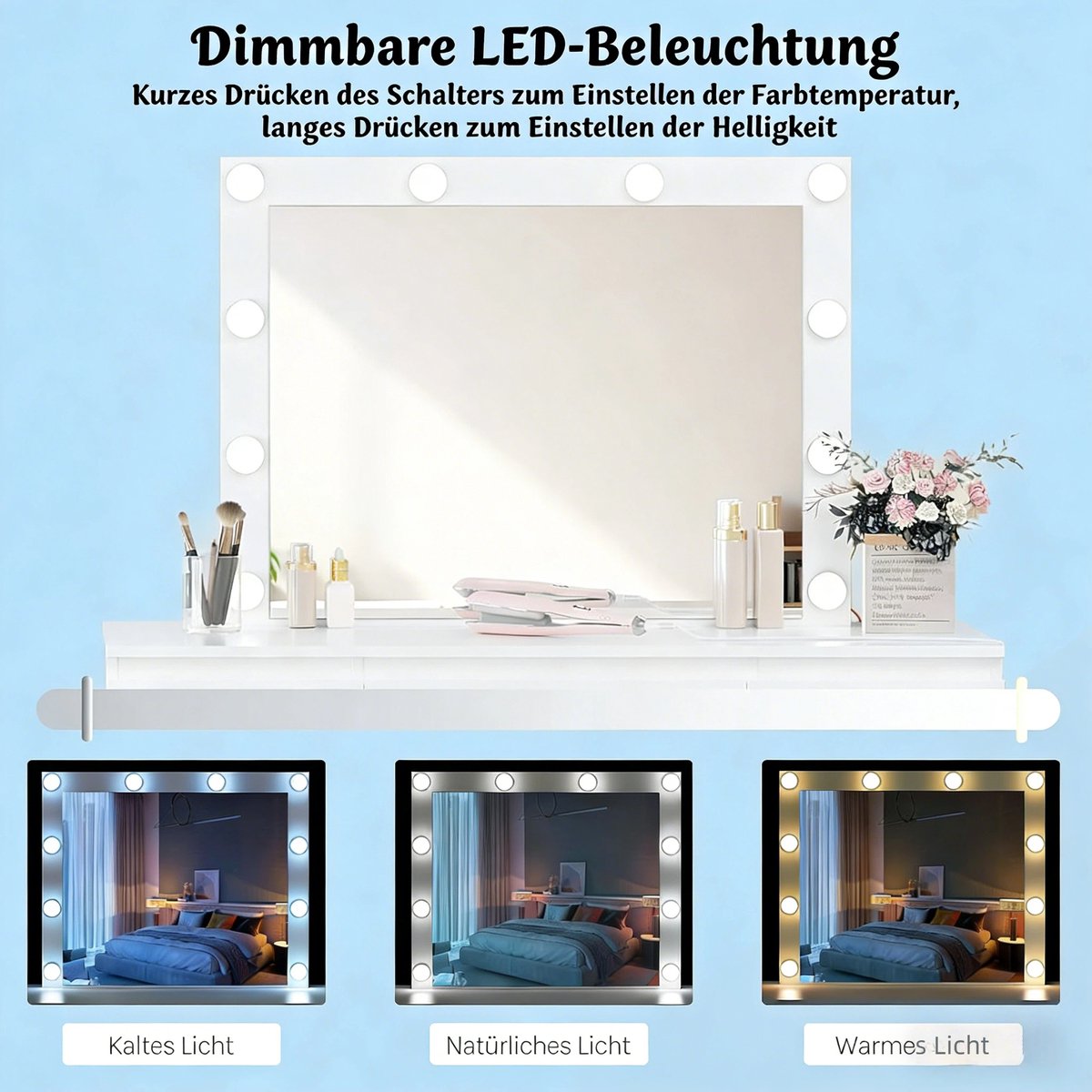 STILVORA Kaptafel - Met Dimbare Ledspiegel En Stopcontacten - Met 7 Laden Voor Slaapkamer Of Kleedruimte - Wit - 110x39,5x140,5 Cm Walnoot
