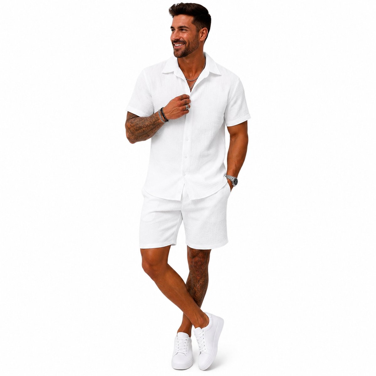 Zomer Set Design Heren - Wit - Oversized Blouse - Kort Setje