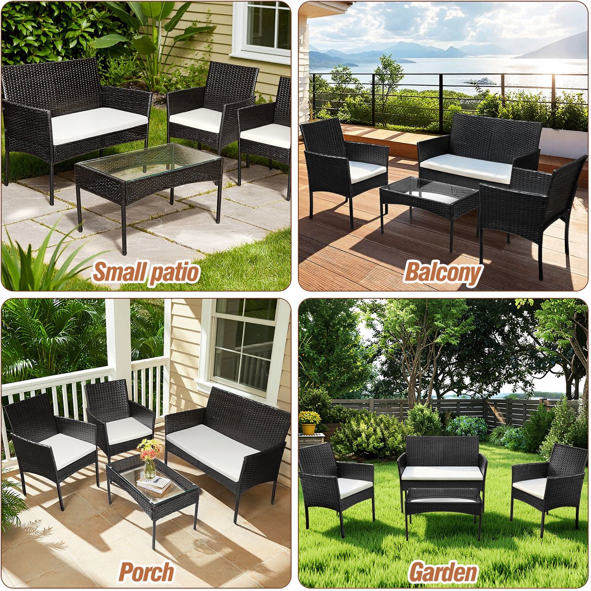 DRAKUS SP. Z O.O. Zitgroep Tuinset 4-delig van PE rotan met 2 fauteuils, 2-zitsbank en glazen tafel voor balkon en terras thumbnail 6