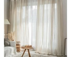 Linnen Tule Gordijnen - Vitrage Raambekleding - Sfeervol Interieur - Halfdoorzichtig Design - W100 x H120cm - Beige