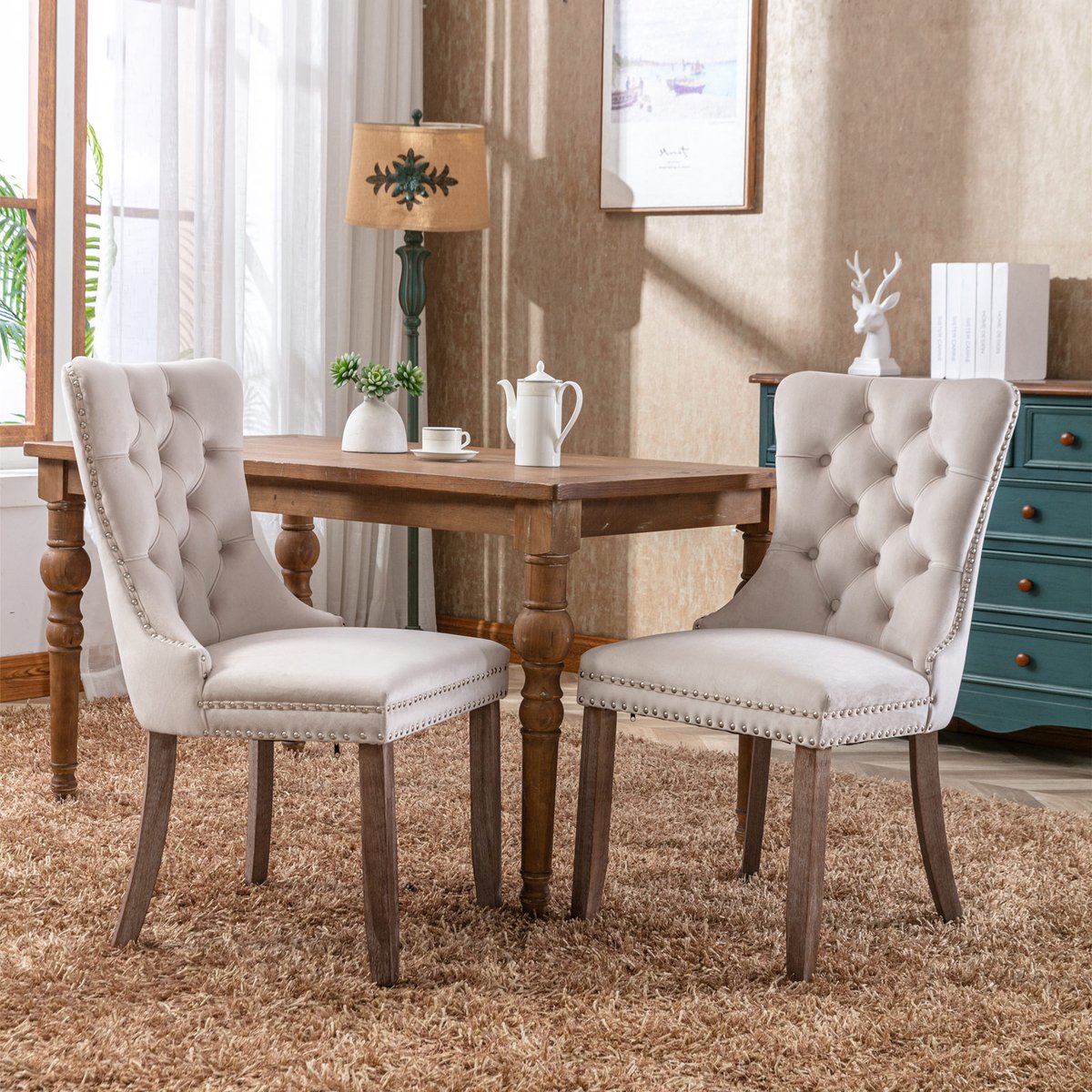 Eetkamerstoelen - Set Van 2 - Gestoffeerde eetkamerstoel - Eettafelstoel - Eetkamerstoelen - Stoel - Flueel - Houten stoelpoten - Modern Design - Beige