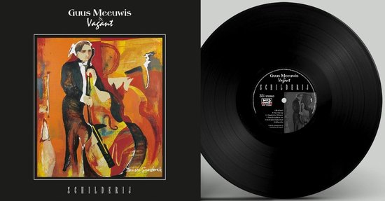 Albumhoes met schilderij van een man met contrabas, naast een vinylplaat. Tekst: Guus Meeuwis & Vagant, Schilderij.