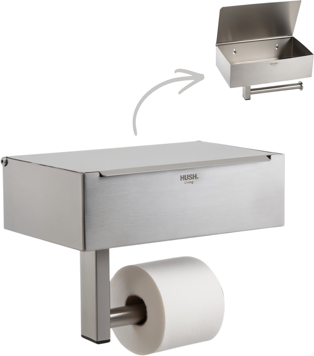 HUSH Living Toiletrolhouder met opbergbakje - wandmontage - RVS - inclusief bevestigingsmiddelen - geborsteld staal