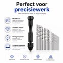 Zwarte mini handboor met 25 HSS boortjes in verschillende maten. Ideaal voor modelbouw, sieraden en reparaties.