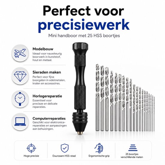 Zwarte mini handboor met 25 HSS boortjes in verschillende maten. Ideaal voor modelbouw, sieraden en reparaties.