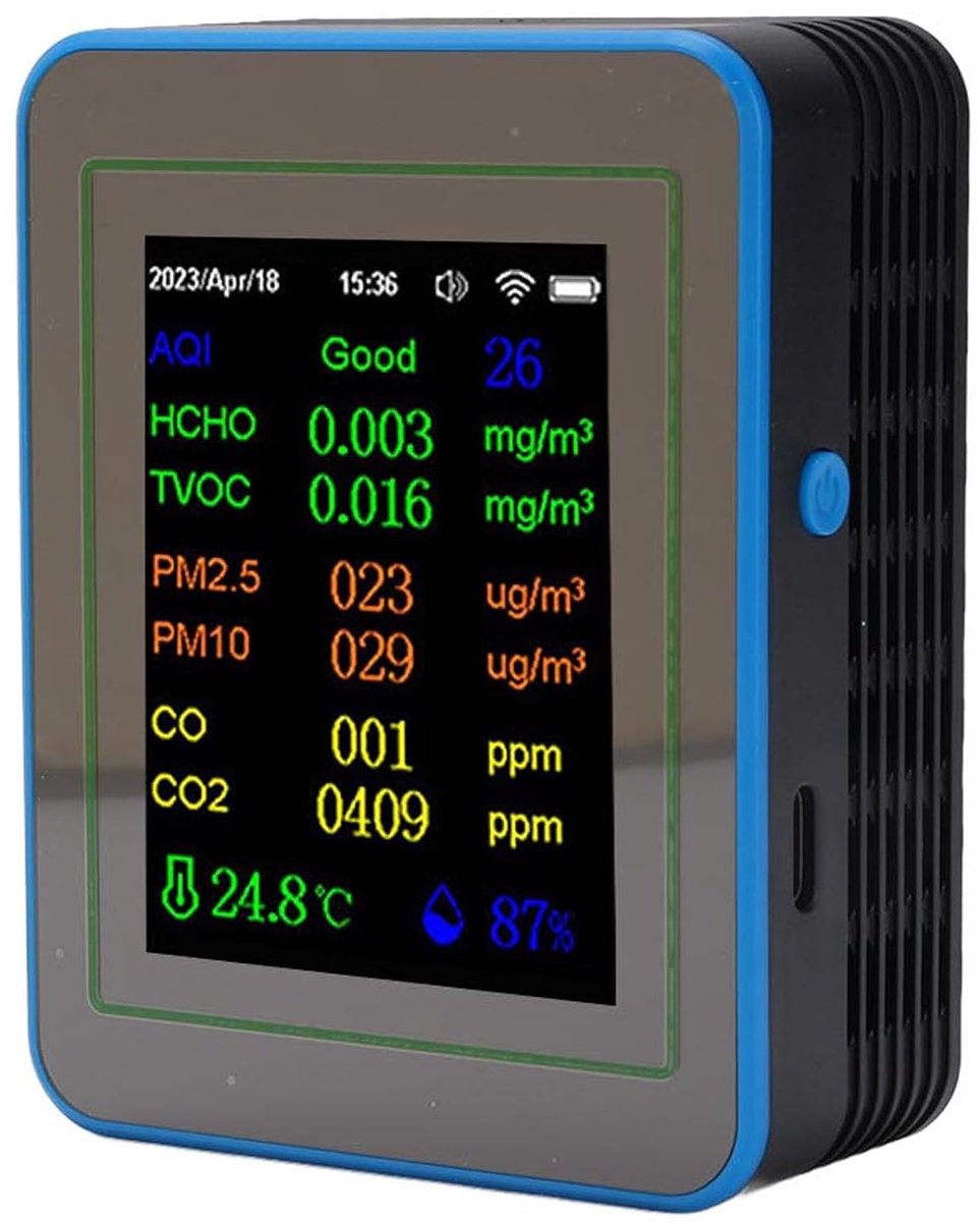 Luchtkwaliteitsmeter - Meetapparaat Binnenlucht - Realtime Meting - 12-in-1 Functies - 90x70x35 mm - Zwart Blauw
