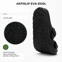 Onderkant van een zwarte slipper met een antislip profiel en een cirkelvormige close-up.