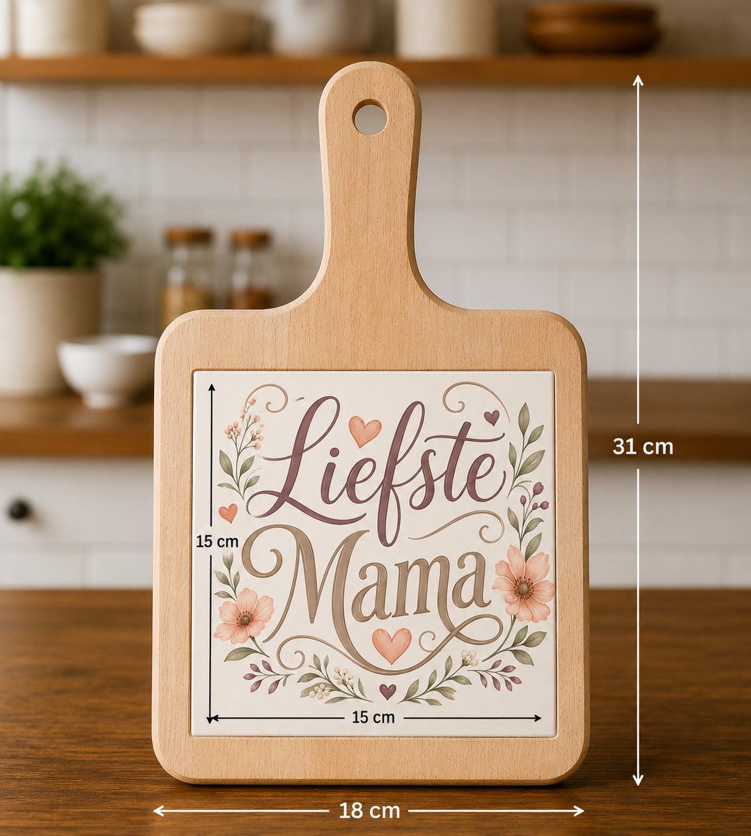Kaasplank met Tegel – Liefste Mama – Houten Serveerplank met Bloemen – 18 × 31 cm – Cadeau voor Moederdag