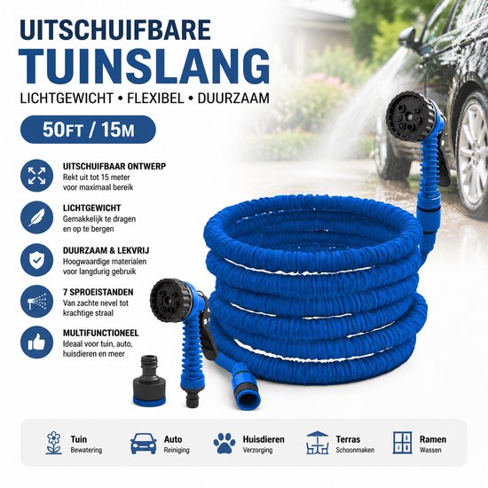 Blauwe, uitschuifbare tuinslang van 15 meter, licht, flexibel, duurzaam.