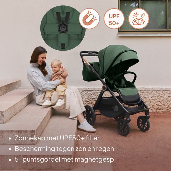 Lionelo Layla 2in1 Kinderwagen XXL Set – Reiswieg & Wandelwagen – Grote All-Terrain Wielen met Vering – XXL Zitje tot 22 kg – Panoramische 3D-Ventilatie – AiryDots Matras – Eenhandige Bediening – UPF50+ – Complete Accessoireset