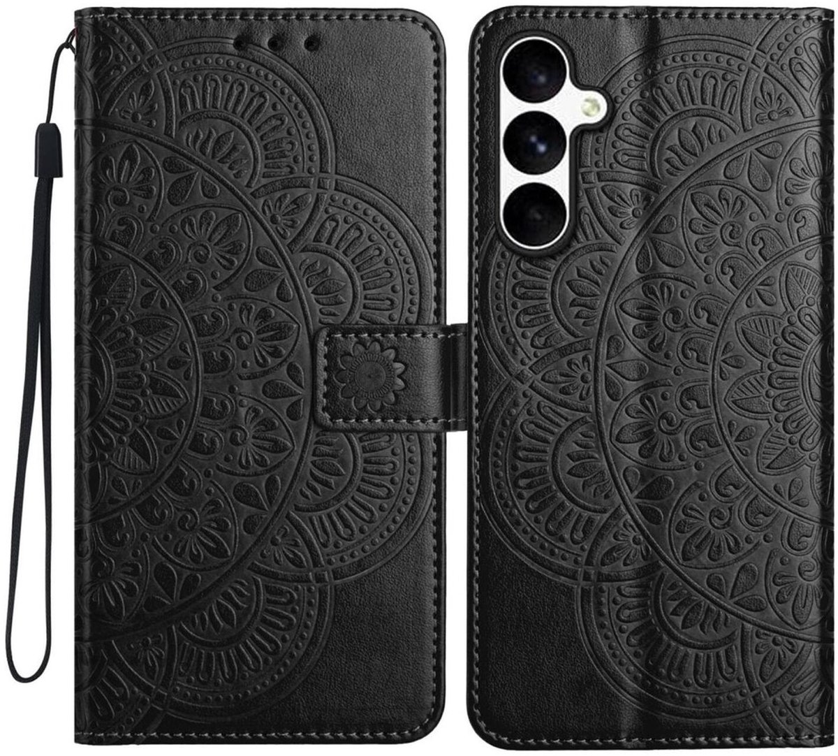 Mandala Book Case Geschikt voor Samsung Galaxy S25 FE - Hoesje met Pasjeshouder Zwart