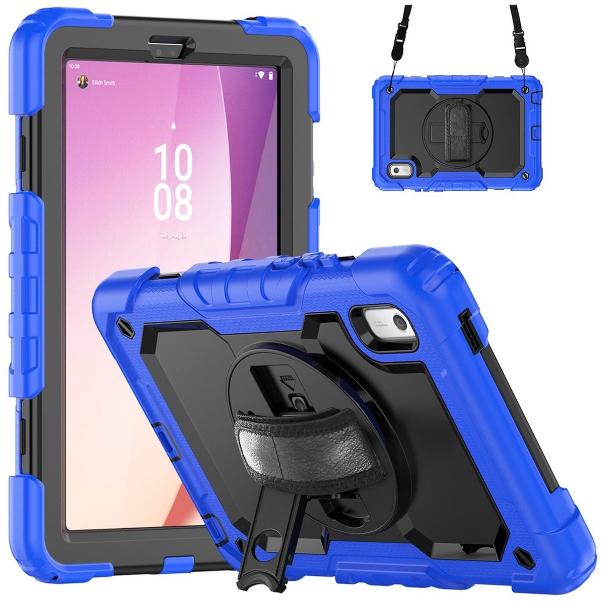 Hoes met ingebouwde Screenprotector Geschikt voor Lenovo Tab One | Inclusief 360° Draaibare Handriem en Schouderriem | Extreme bescherming | Ideaal voor zakelijk gebruik | Blauw