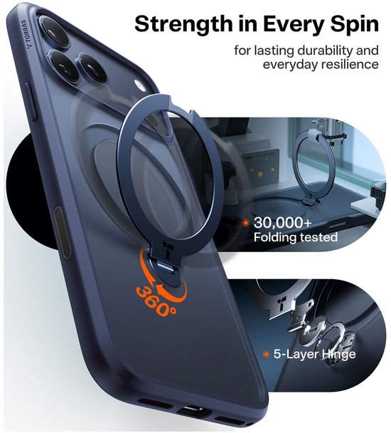 Blauw telefoonhoesje met 360° ringstandaard, 30.000+ vouwtests en 5-laags scharnier.