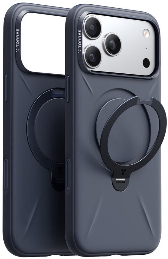 Twee donkerblauwe iPhone hoesjes met magnetische standaardring op de achterkant.