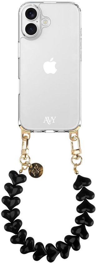 Transparante iPhonehoes met zwart hartjes polsband en gouden details.
