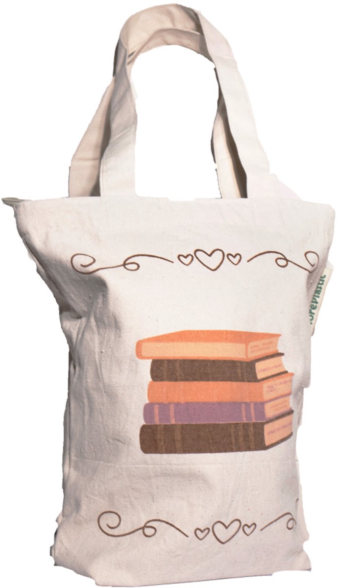 Tote Bag Boeken - Duurzame Studententas van Gerecycled Katoen - Tote bag met Rits en Binnenvak - 35 x 40 cm