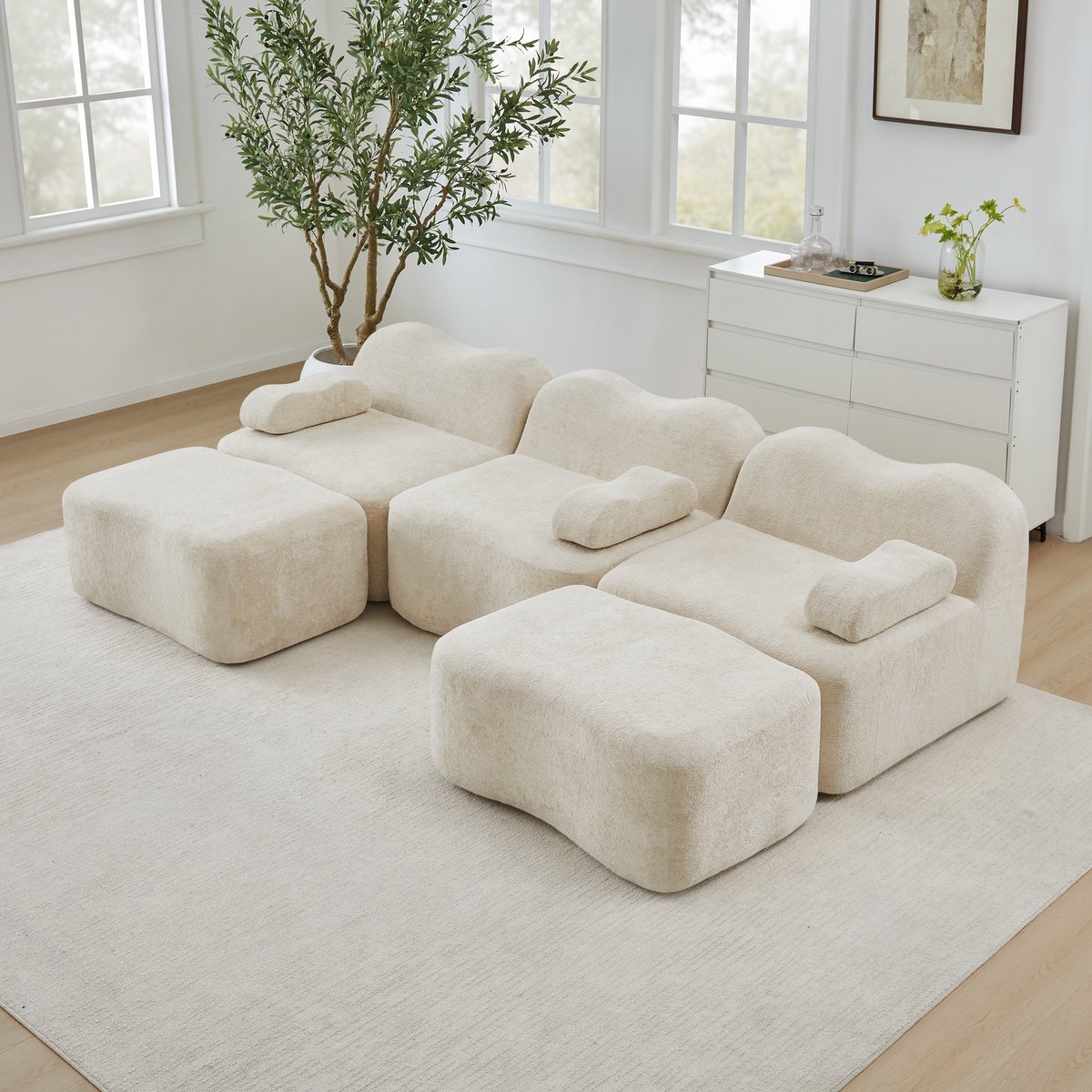 DESMIU U-Bank 288 Cm - Modulaire 3-Zits Met 2 Ottomans En Diepe Zit - Voor Woonkamer En Appartement - Velvet Beige