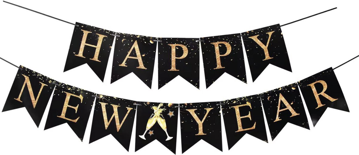SilverAndCoco® - Happy New Year 2027 Vlaggenlijn | Oud en Nieuw Vlaggetjes Versiering Champagne | Nieuw Jaar Nieuwjaars decoratie Slinger Feestpakket | Goud / Zwart