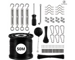EverNeeds Staalkabelset 50M – Spandraadsysteem - Complete RVS 304 Ophangset – Spandraad - Nylon Gecoate Staalkabel 2 mm – Voor Lichtsnoeren, Buitenverlichting, Pergola, Klimplanten, Waslijn en Decoratie