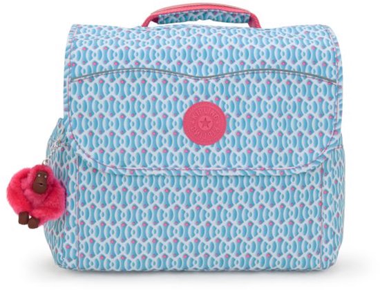 Sac à dos enfant bleu avec un motif géométrique ludique et des détails roses. Un porte-clés singe rose est attaché sur le côté.