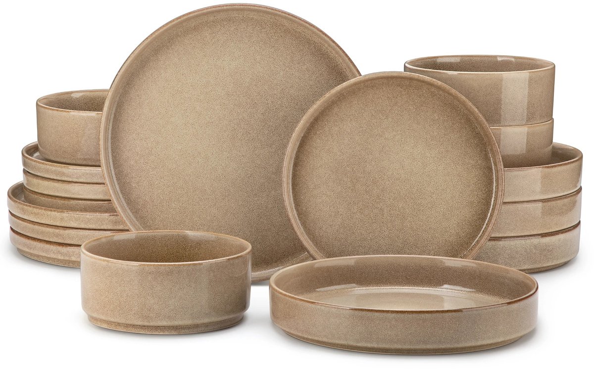 Home & Beyond® Serviesset 16 Delig - 4 Personen - Stoneware Servies - Beige/Zandkleur - Inclusief Dinerborden, Dessertborden, Diepe Borden & Kommen - Vaatwasserbestendig